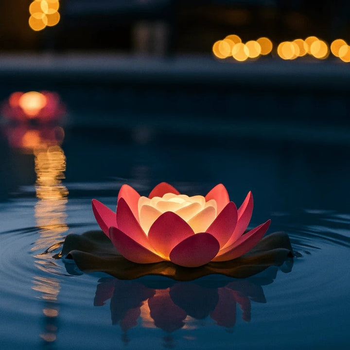 Lotus rose allumé flottant sur l'eau de nuit, reflets dorés et lumières floues en arrière-plan 9