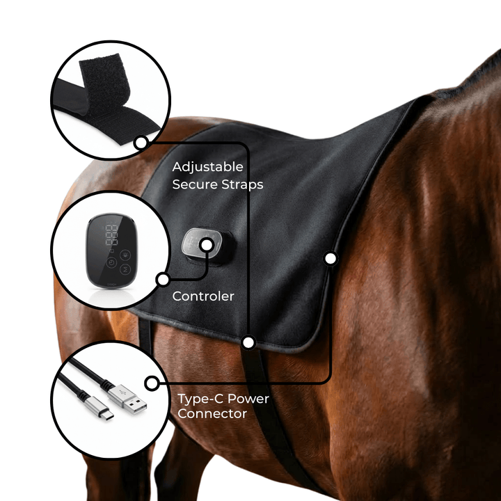 Enveloppe noire posée sur le dos d'un cheval, avec trois agrandissements: sangles à bande velcro, boîtier de commande tactile et câble de charge USB. 5