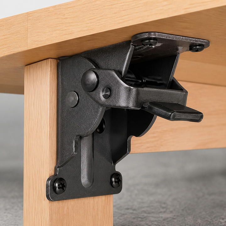 Support pliant noir déployé et vissé à l'angle d'un pied et du plateau d'une table en bois. 4