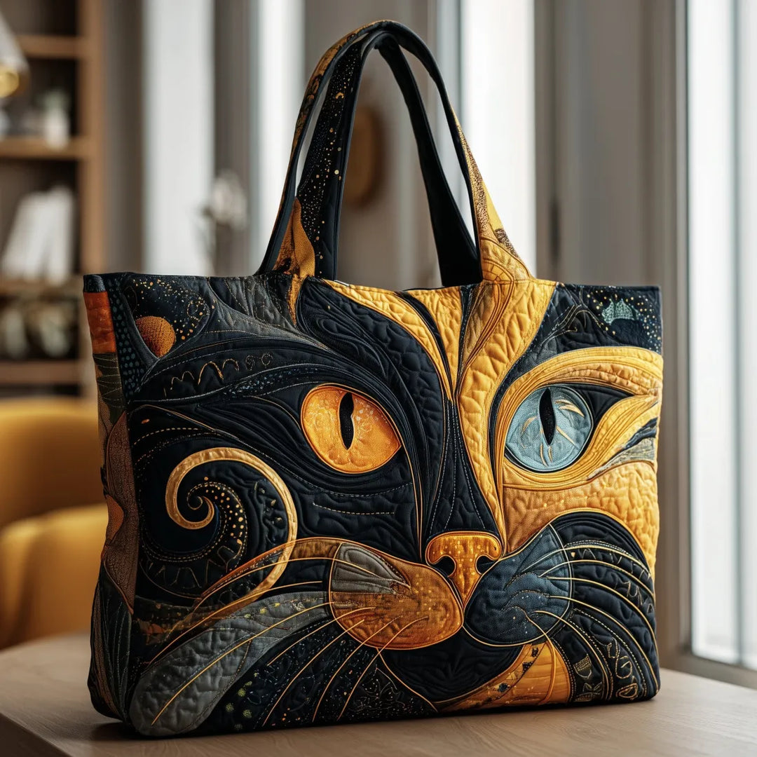 Sac matelassé à motif de visage de chat noir et jaune, posé sur une table près d'une fenêtre 1