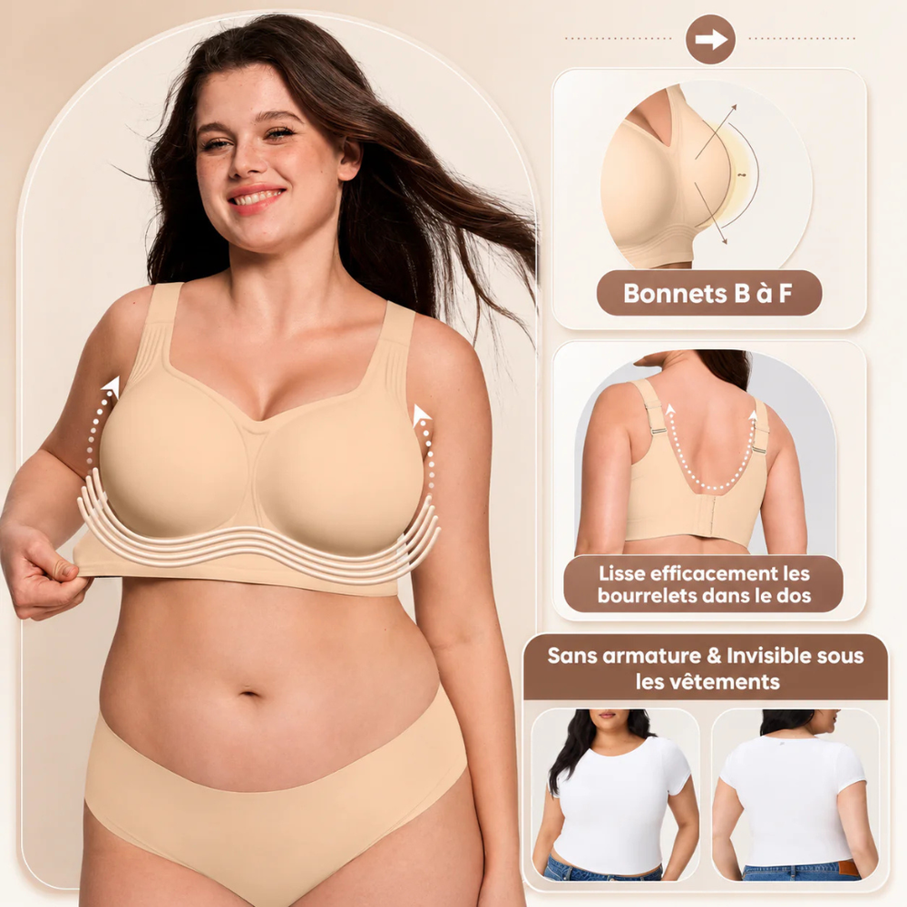 Mannequin en soutien-gorge beige avec encarts sur les bonnets, le dos lisse et le port sous un t-shirt blanc 2