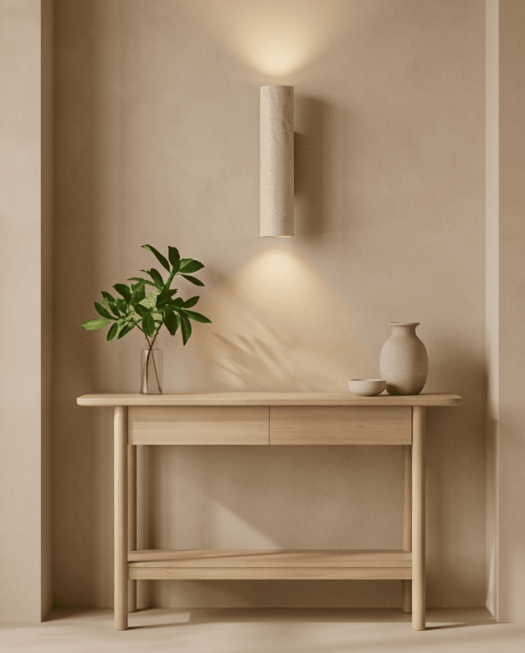 Applique allumée au-dessus d'une console en bois clair avec plante dans un vase et poteries 3