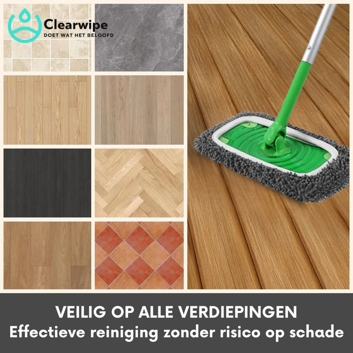 Balai à housse grise passé sur un parquet, avec une mosaïque de sols : carrelages, parquets clairs et foncés, chevrons. 3