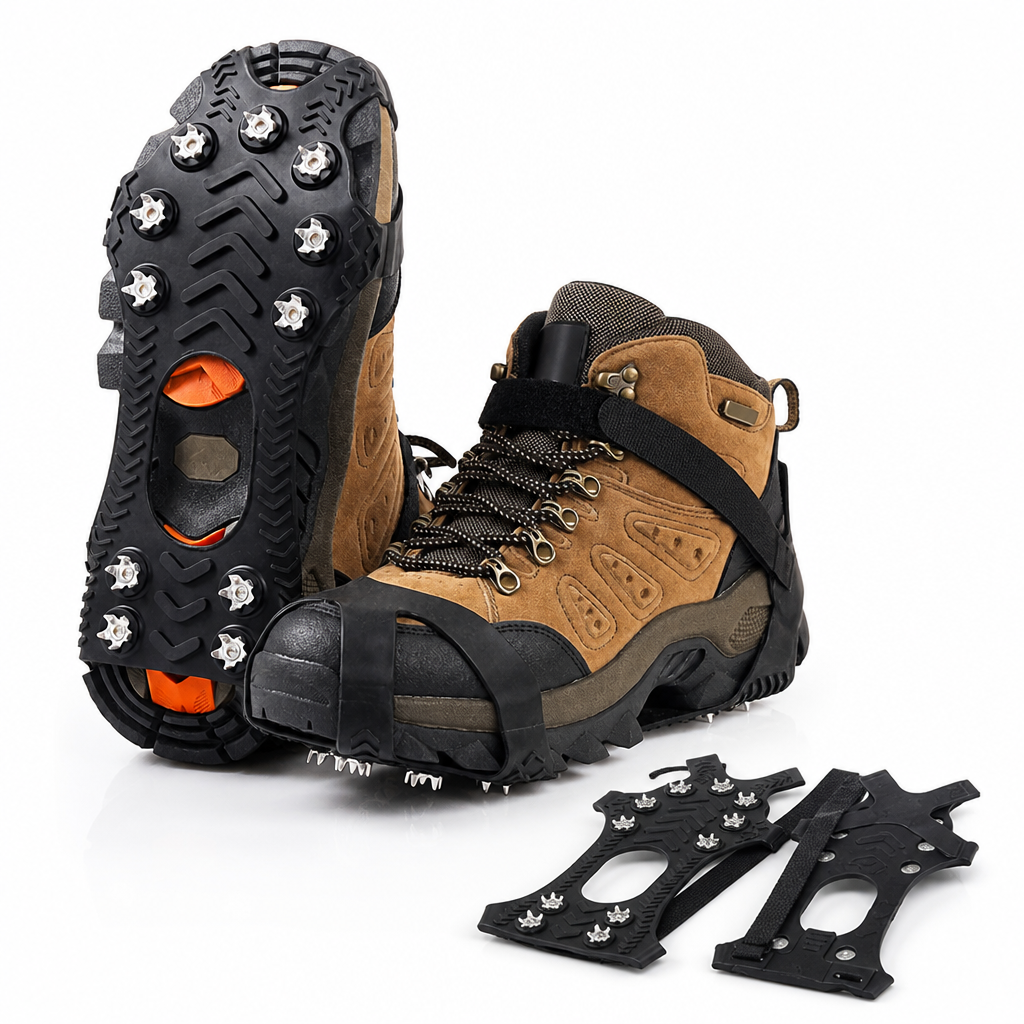 Botte à crampons avec semelle retournée, et la paire de crampons noirs posée à plat devant 4