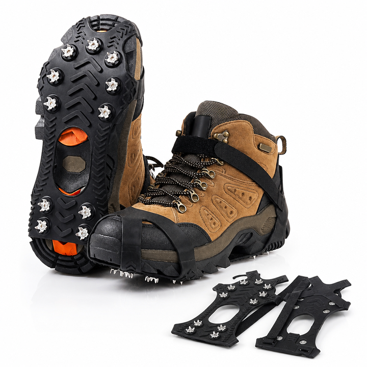 Botte à crampons avec semelle retournée, et la paire de crampons noirs posée à plat devant 4