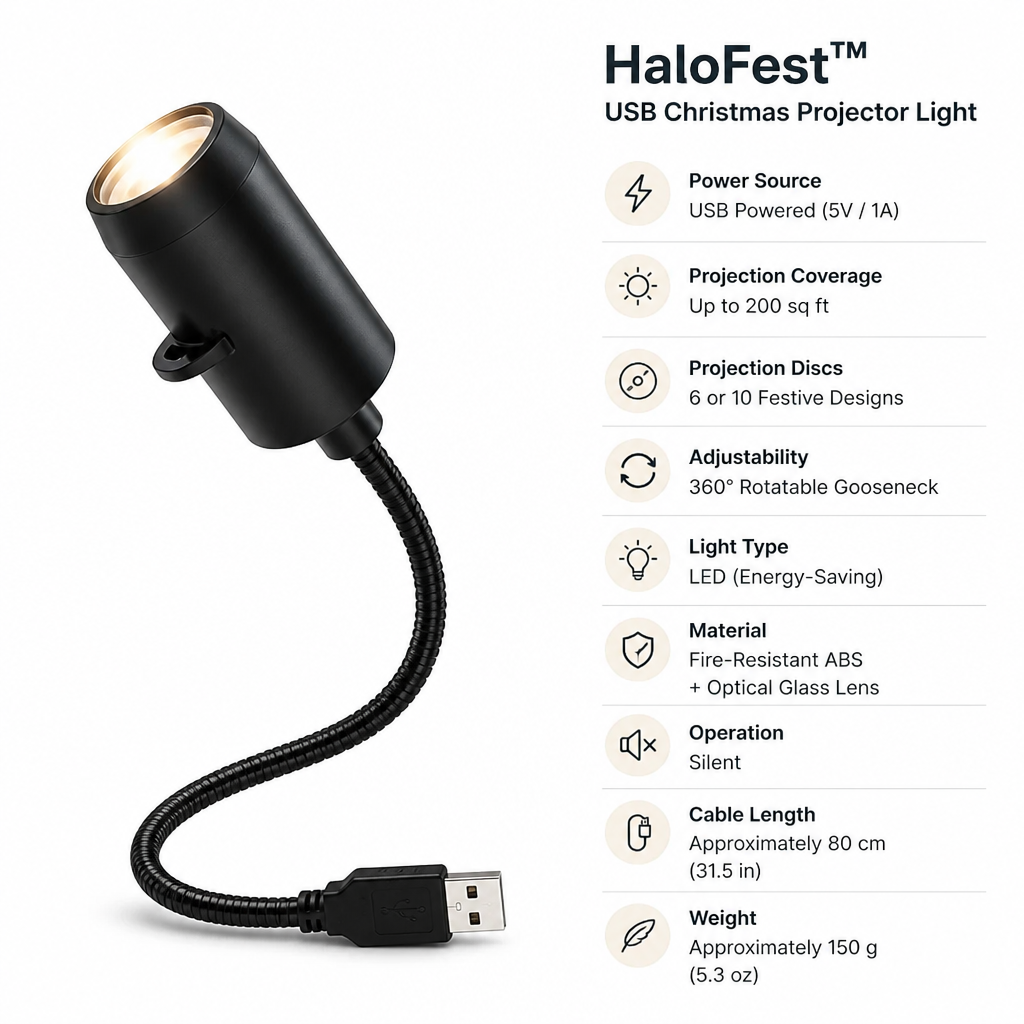 Projecteur noir à col de cygne flexible et prise USB, allumé, avec la liste de ses caractéristiques techniques à droite. 4