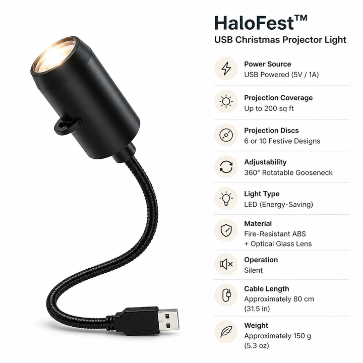 Projecteur noir à col de cygne flexible et prise USB, allumé, avec la liste de ses caractéristiques techniques à droite. 4