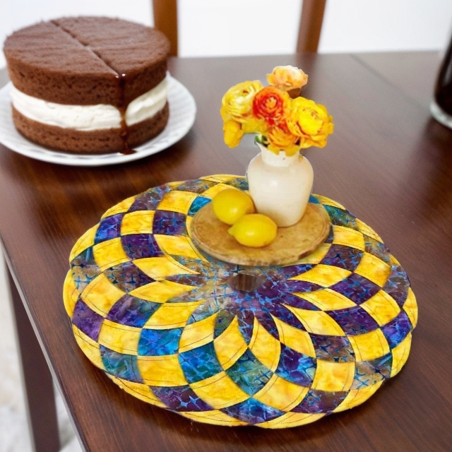 Même set de table en patchwork jaune, violet et bleu posé sur une table en bois, avec un vase de fleurs et un gâteau au chocolat. 3