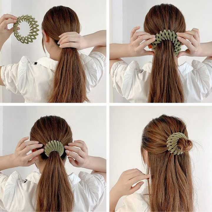 Quatre étapes pour poser la pince verte : ouvrir, placer sur la queue de cheval, replier et obtenir un chignon. 4