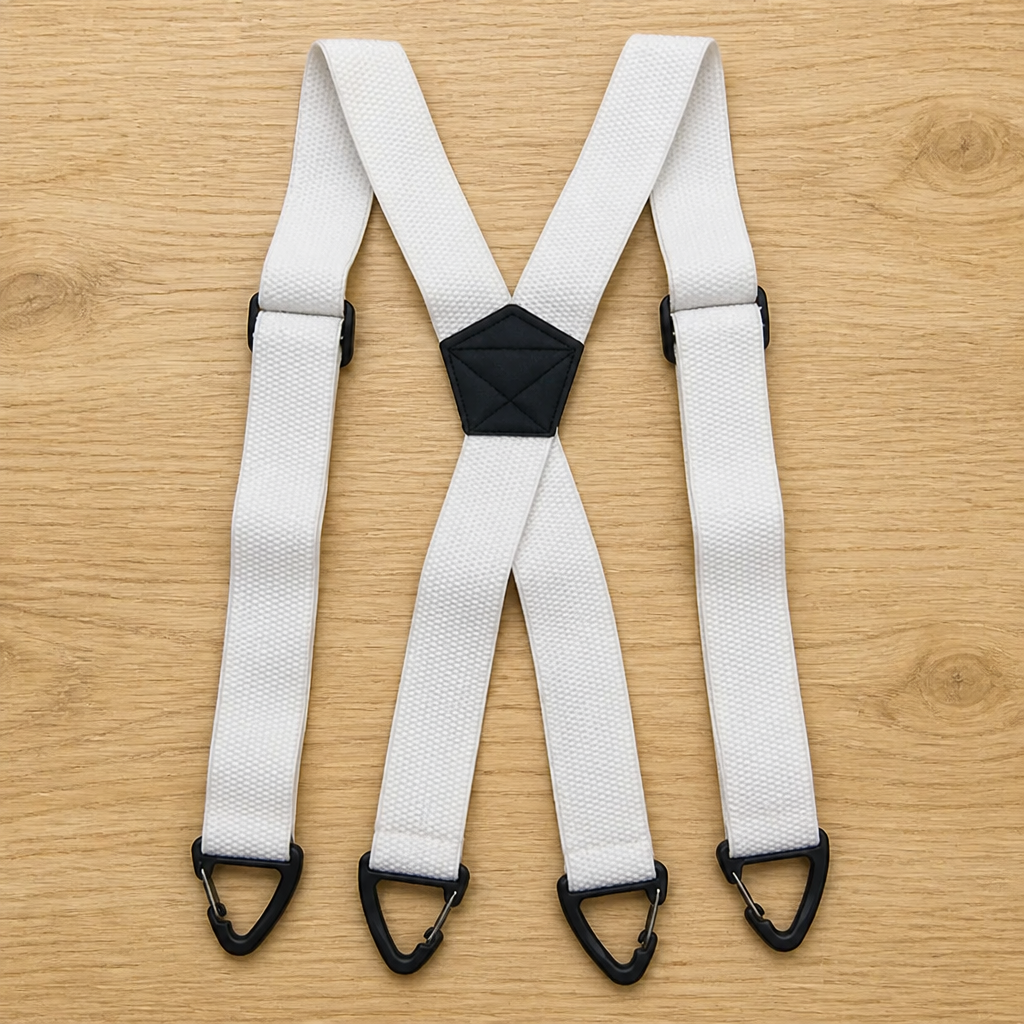 Bretelles blanches en X avec pièce centrale noire et quatre crochets triangulaires noirs, posées sur du bois clair. 10