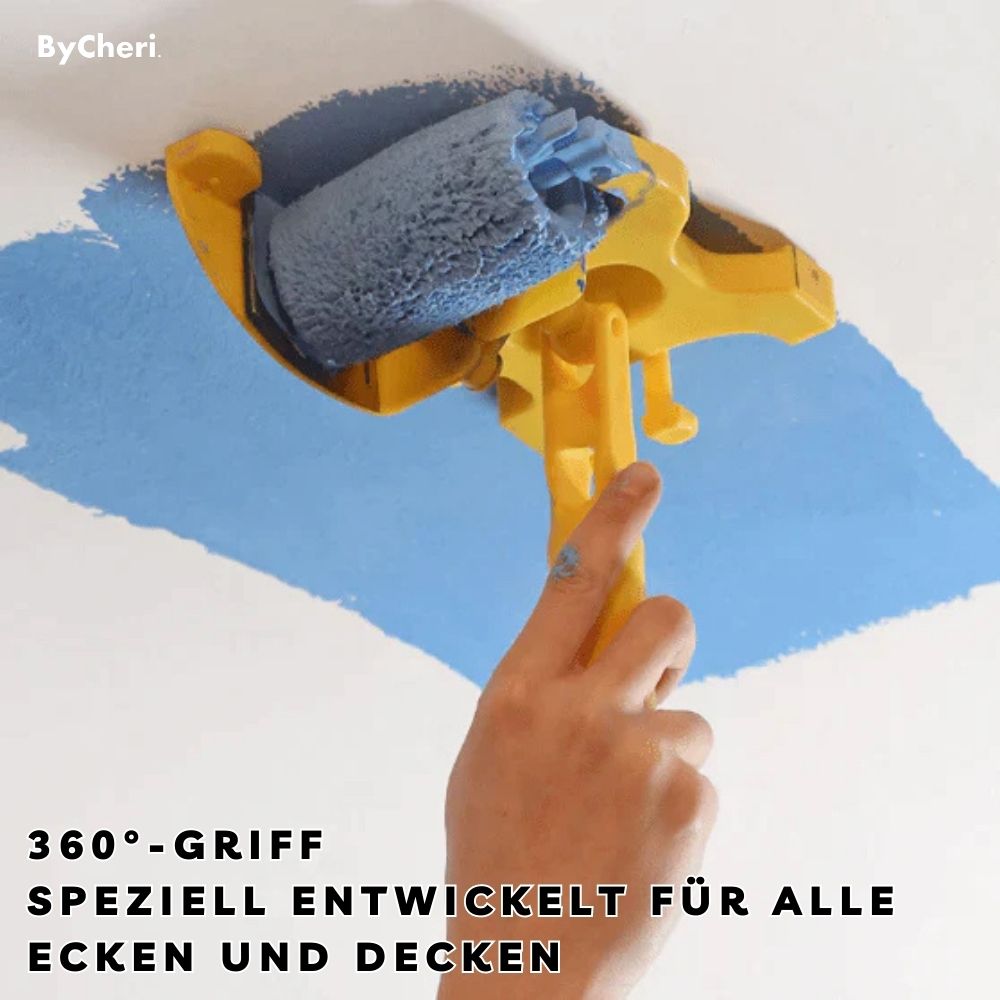 Outil jaune tenu par la poignée au plafond blanc, appliquant de la peinture bleue sur une zone proche d'un angle. 6
