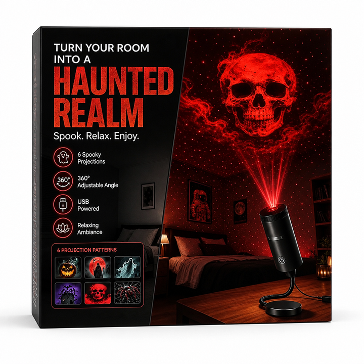 Boîte d'emballage noire et rouge d'un projecteur à thème Halloween, montrant un crâne rouge projeté dans une chambre. 7