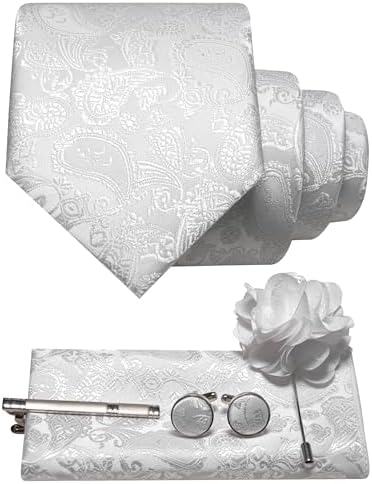 Ensemble cachemire blanc argenté : cravate, pochette, boutons de manchette, pince à cravate et broche fleur blanche. 19