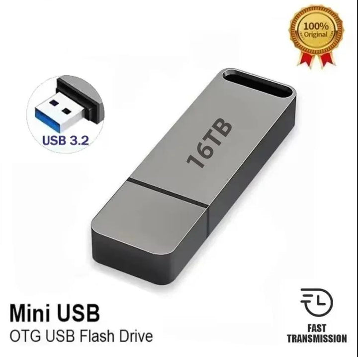 Clé USB grise capuchon fermé, avec un zoom sur le connecteur USB bleu et un sceau d'authenticité 3