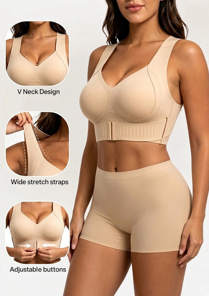 Montage de détails du soutien-gorge beige : col en V, larges bretelles extensibles et fermeture à crochets réglable, avec shorty assorti. 6