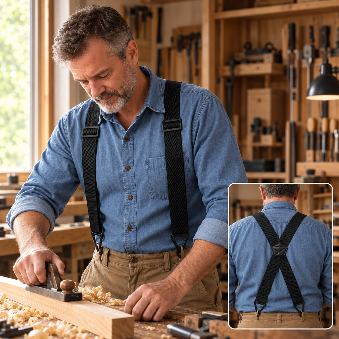 Artisan rabotant une planche, bretelles noires en X aux épaules, vue de dos en médaillon 6