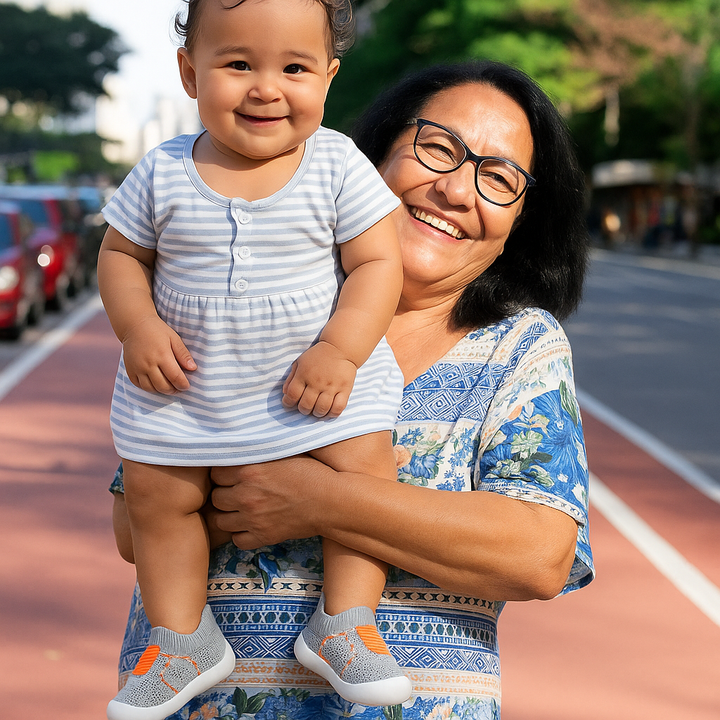 Bébé souriant porté dans les bras d'une grand-mère dans la rue, portant des chaussures en maille grise à détails orange. 3