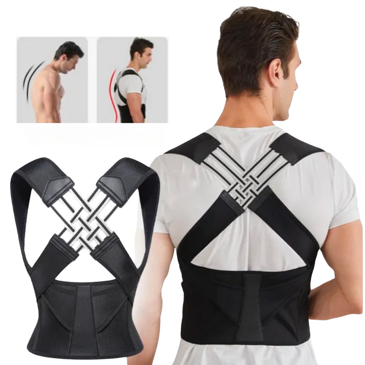 Montage du correcteur de posture noir vu de dos, porté par un homme, avec deux vignettes comparant le dos voûté et redressé. 1