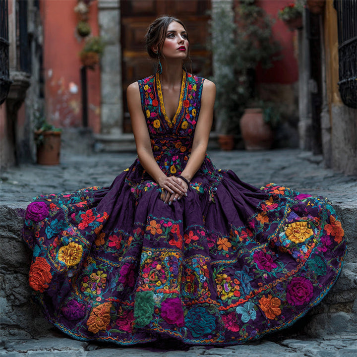 Même pose avec la robe violet foncé, ornée de broderies de fleurs colorées sur le buste et la jupe étalée. 3