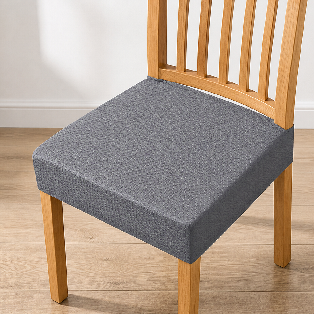 Housse d'assise grise Ă  motif en relief ajustĂ©e sur une chaise en bois clair Ă  dossier Ă  barreaux. 9