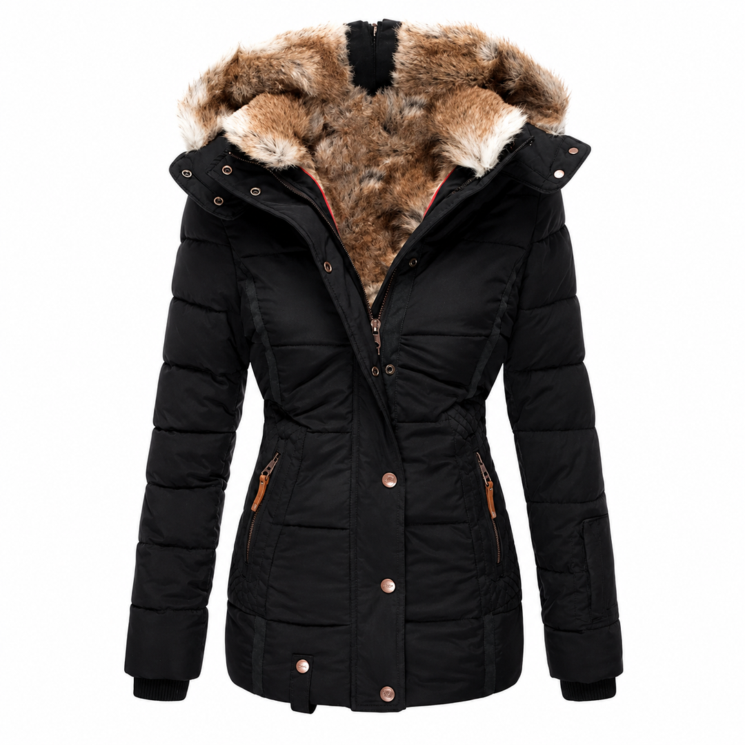 Parka matelassée noire présentée seule, avec doublure en fausse fourrure, taille cintrée et poches zippées 5
