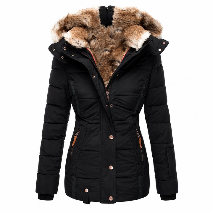 Parka matelassée noire présentée seule, avec doublure en fausse fourrure, taille cintrée et poches zippées 5