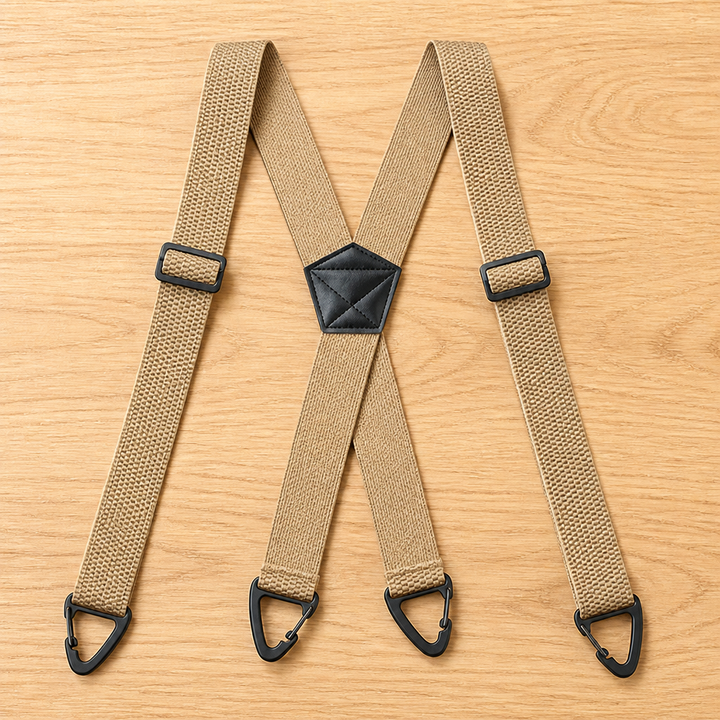 Bretelles beige sable en X avec pièce centrale noire piquée, boucles de réglage et quatre crochets triangulaires noirs. 16