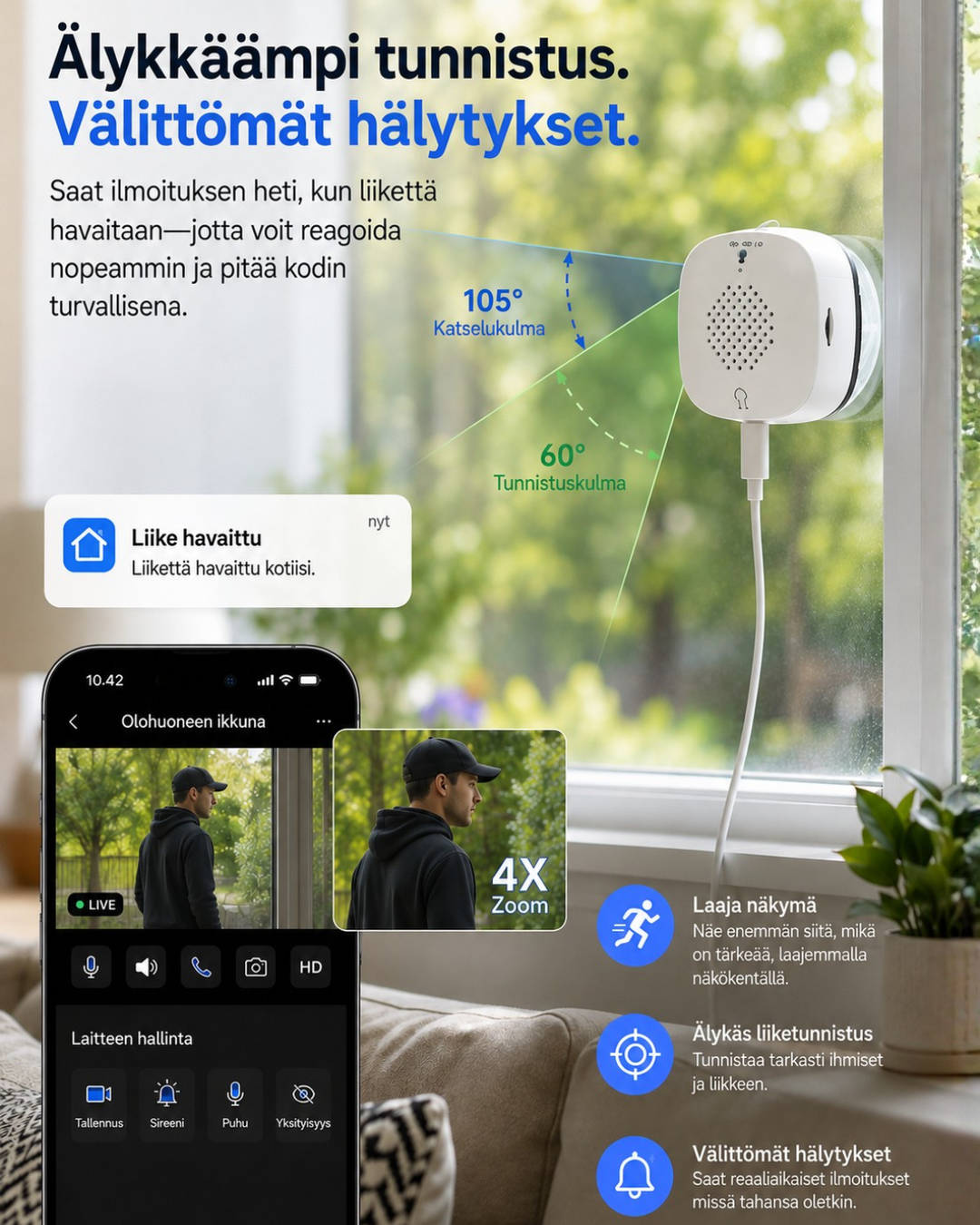 Caméra collée à une fenêtre avec angles de vision et de détection, notification de mouvement et écran de smartphone avec zoom sur un homme. 4
