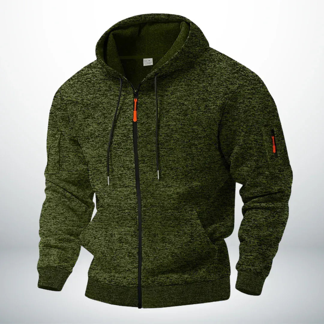 Sweat zippé à capuche chiné vert kaki, vu de trois quarts, avec cordons noirs, poches kangourou et poche zippée sur la manche. 4