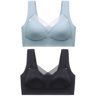 Deux soutiens-gorge sans couture à larges bretelles et empiècement transparent en V, l'un bleu clair au-dessus, l'autre noir en dessous. 21
