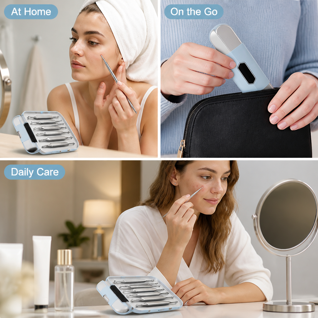 Trois scènes d'usage : utilisation devant un miroir, étui bleu glissé dans une trousse de voyage, soin quotidien avec l'étui ouvert. 5