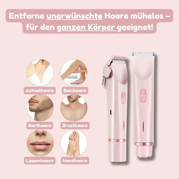Tondeuse rose avec sabot peigne à côté d'une tête de tonte, entourées de six zones du corps à raser, aisselles, jambes, visage, torse, lèvre et mains. 5