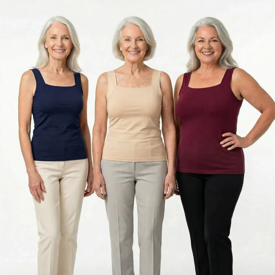 Groupe de trois femmes souriantes présentant le débardeur en bleu marine, beige et bordeaux, de face sur fond blanc. 10