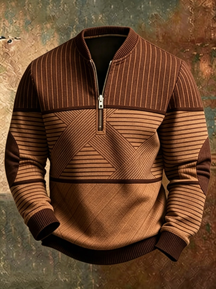Pull à demi-zip en coloris marron et caramel, panneaux rayés contrastés et coudières, vue de face. 4