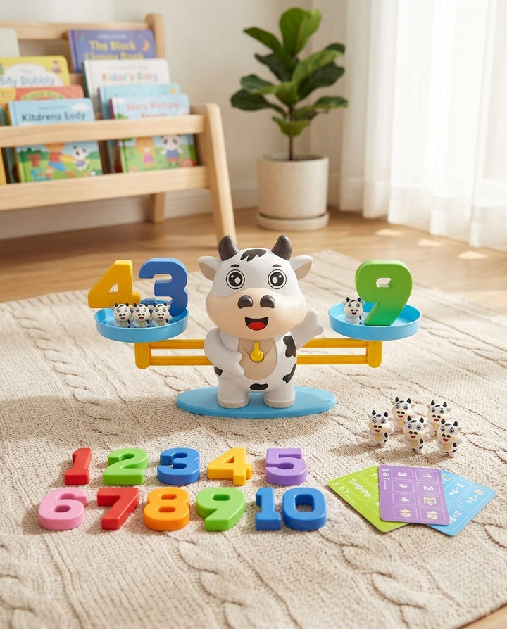 Balance vache noir et blanc sur un tapis, avec chiffres alignés, petites vaches et cartes d'exercices 5