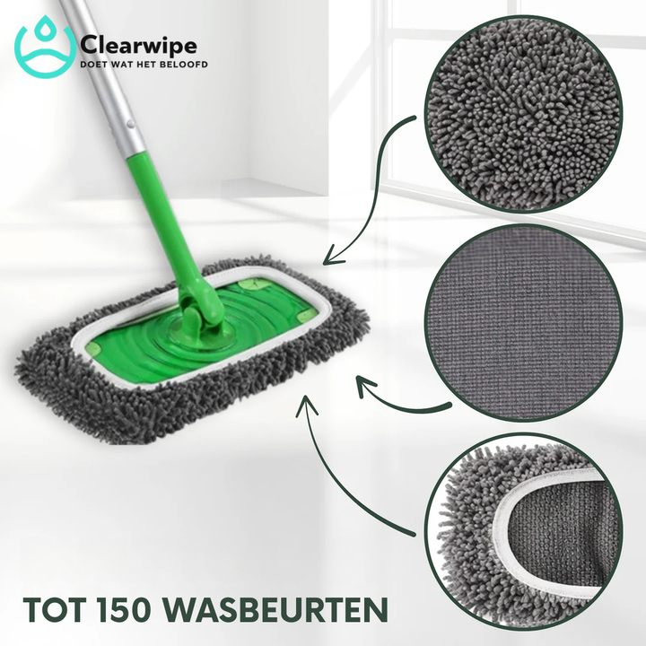 Balai plat vert avec housse chenille grise, entouré de trois gros plans sur la texture des fibres et la bordure blanche. 2