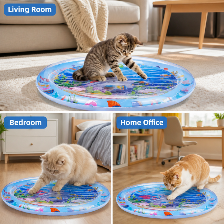 Trois pièces de la maison, salon, chambre et bureau, avec un chat différent qui joue sur le tapis d'eau rond dans chacune. 5