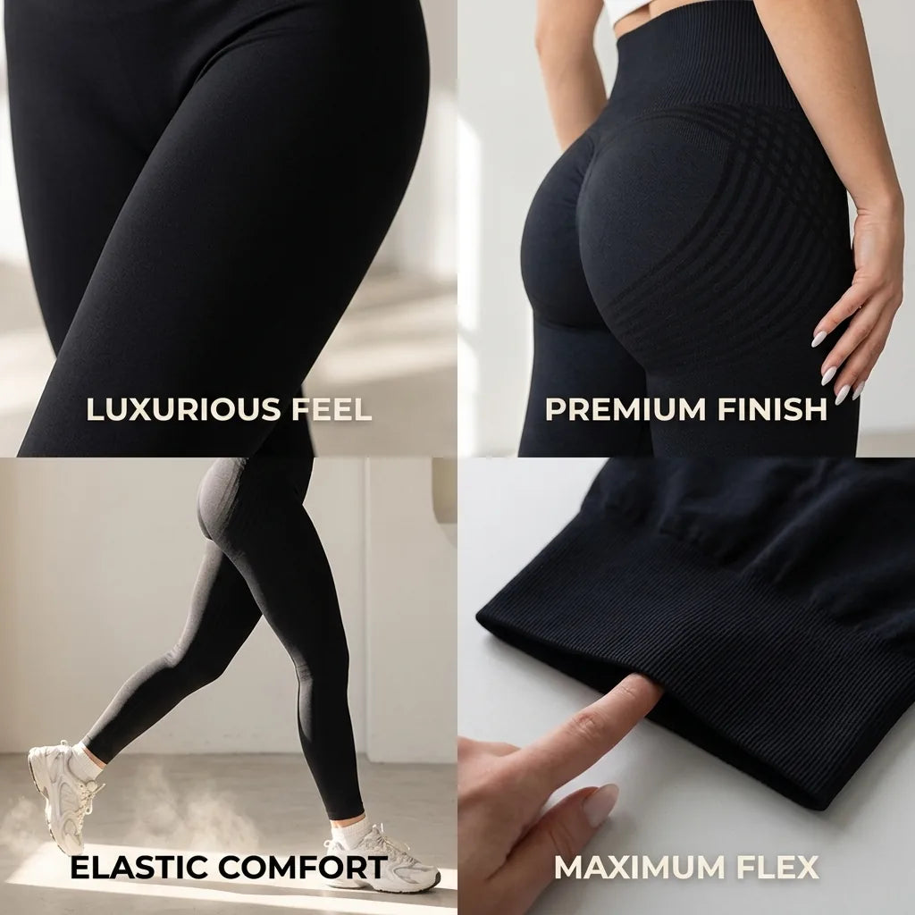 Montage de quatre détails du legging noir: tissu doux, finition du dos, mouvement en marchant et ceinture élastique étirée au doigt. 7