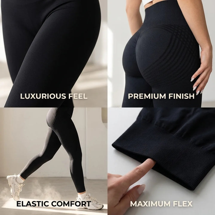Montage de quatre détails du legging noir: tissu doux, finition du dos, mouvement en marchant et ceinture élastique étirée au doigt. 7