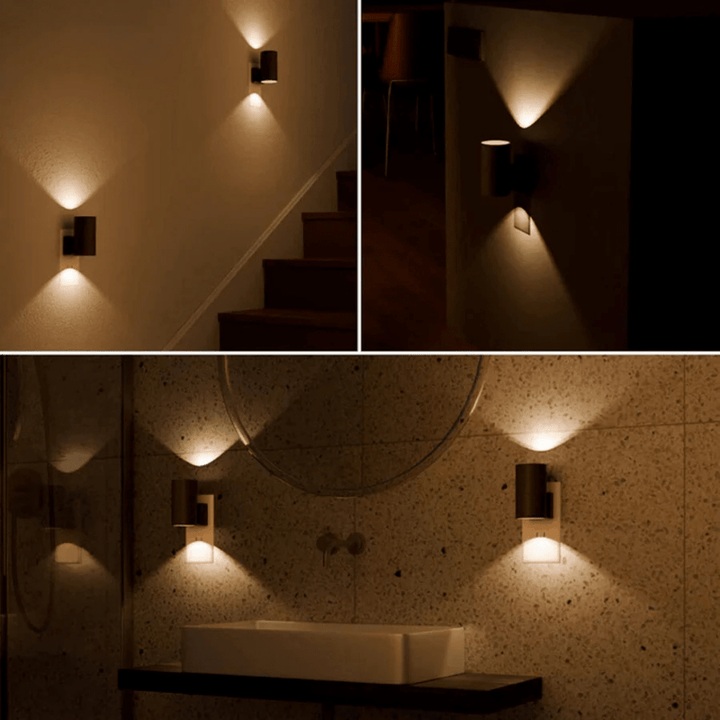 Trois ambiances nocturnes : escalier, couloir sombre et salle de bain, chacune éclairée par des appliques branchées 3