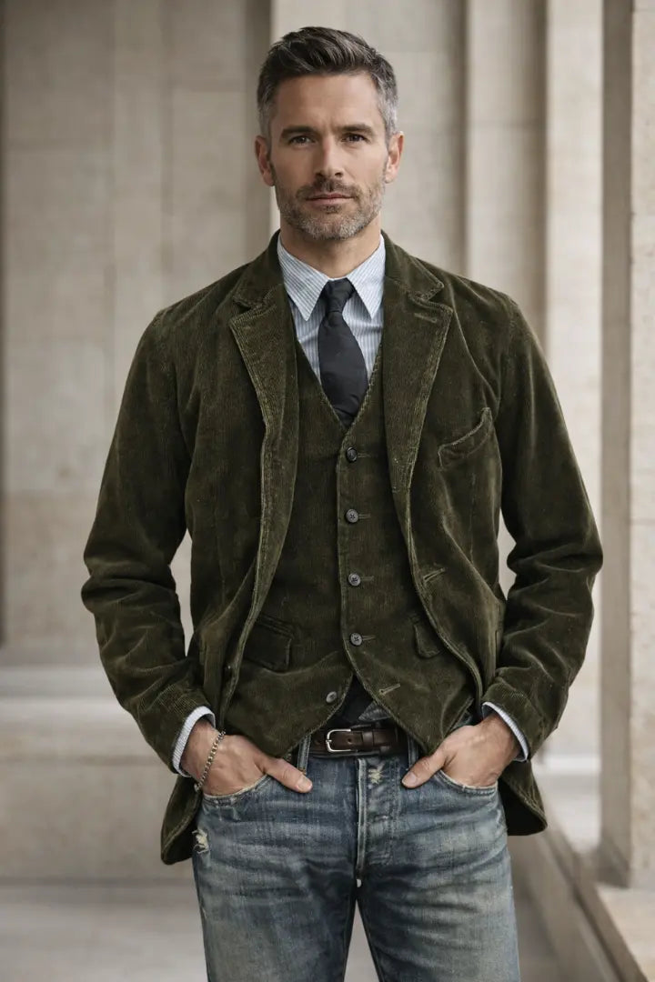 Homme en veste et gilet en velours côtelé vert olive, chemise rayée, cravate et jean, debout entre des colonnes 4