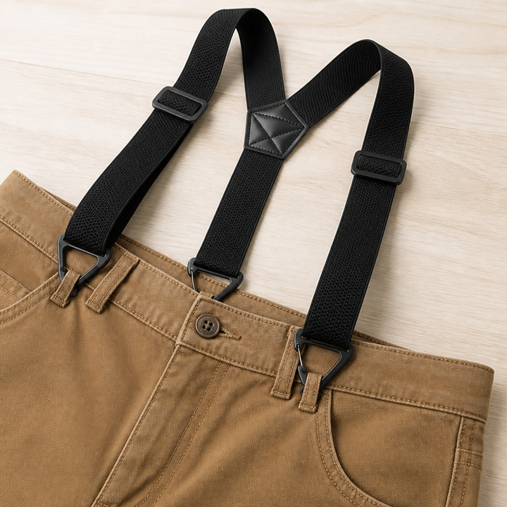 Bretelles noires en Y posées à plat, crochets triangulaires accrochés aux passants de la ceinture d'un pantalon beige. 4