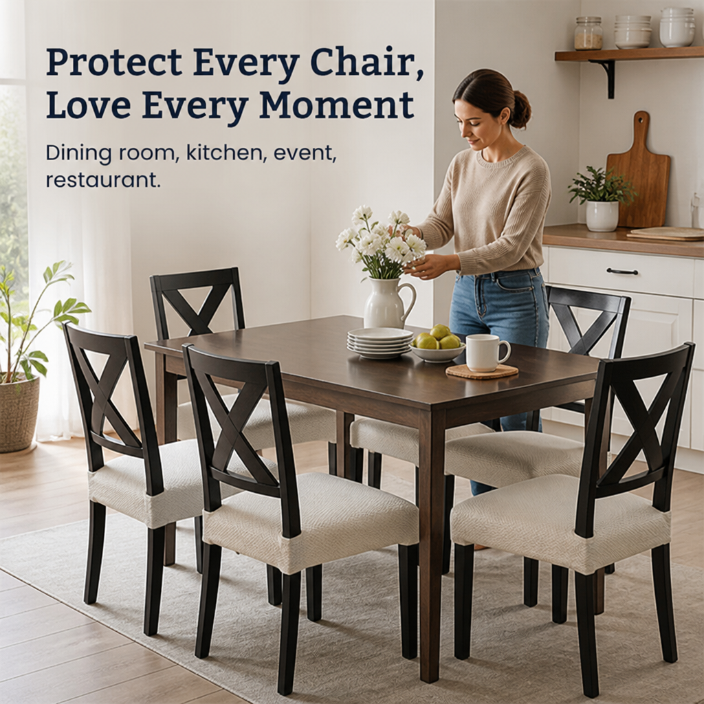 Femme disposant des fleurs blanches sur une table de cuisine entourĂ©e de chaises noires Ă  dossier croisĂ© avec housses d'assise beiges. 5