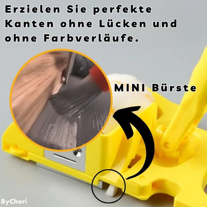 Gros plan sur la petite brosse blanche à la base de l'outil jaune, avec un médaillon montrant la peinture appliquée. 3