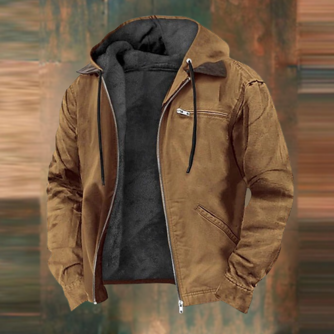 Veste zippée à capuche coloris brun caramel, ouverte sur la doublure polaire grise, avec poche poitrine zippée et cordons noirs. 1
