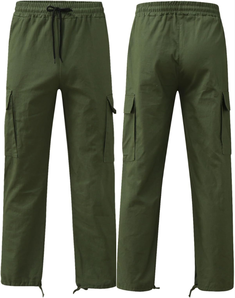 Pantalon cargo vert olive vu de face et de dos, avec cordon de serrage à la taille et poches latérales à rabat. 2
