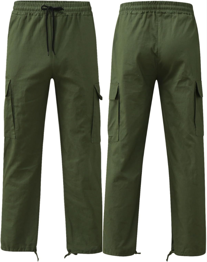 Pantalon cargo vert olive vu de face et de dos, avec cordon de serrage à la taille et poches latérales à rabat. 2