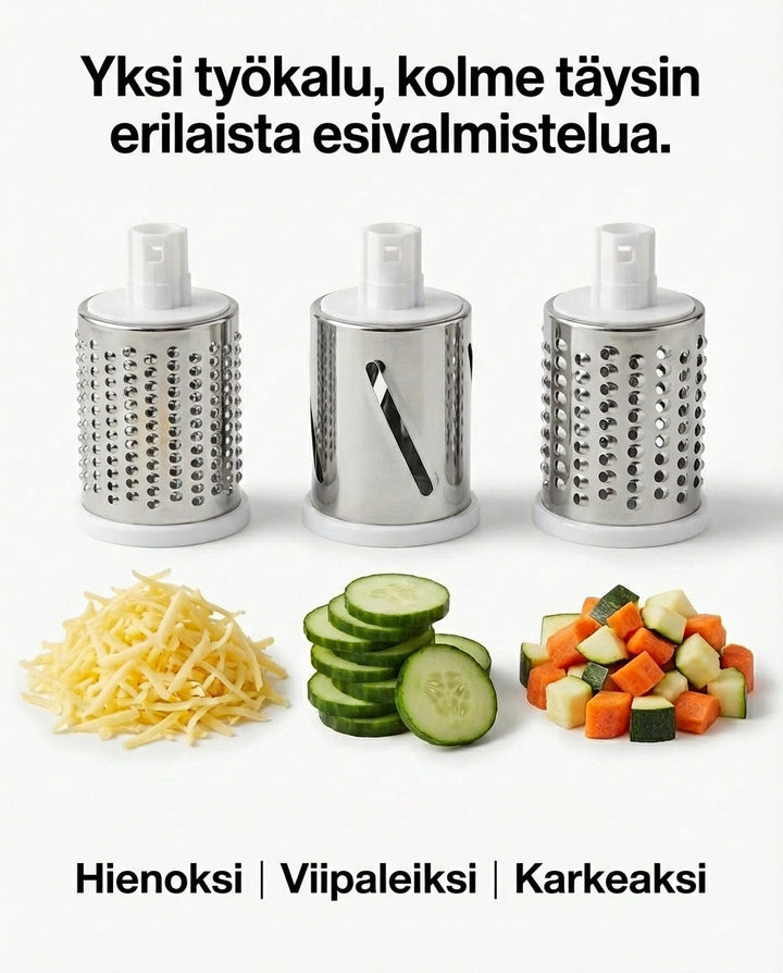 Trois tambours en inox alignés pour râper fin, trancher en rondelles et couper en dés, avec fromage, concombre et légumes en dessous. 6