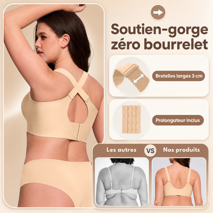 Dos du soutien-gorge beige avec bretelles croisées, fermeture à crochets, rallonge incluse et comparaison avec un autre 3