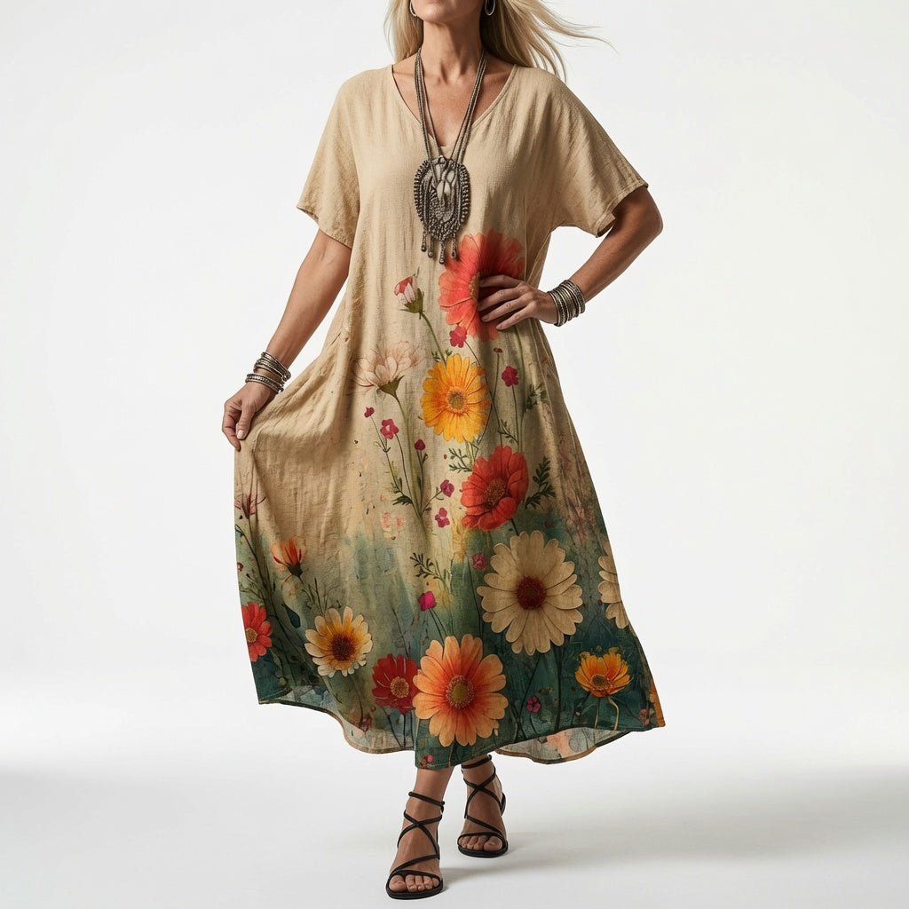 Femme portant la robe beige à col en V, ornée de grandes fleurs orange et rouges en bas de jupe, sandales à lanières noires. 3